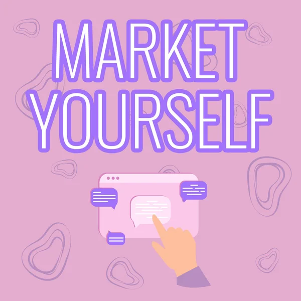 Inspiráció, ami a Market Yourself-t mutatja. Word Written on Making yourself for any kind of task and project in life Kézzel mutatja a grafikonnövekedést mutató webes böngésző képernyő. — Stock Fotó