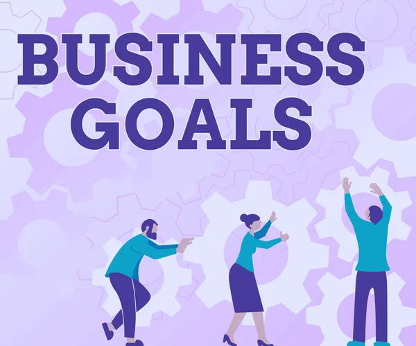 Text caption presenting Business Goals. Business overview Expectation to accomplish over a specific period of time Colleagues Carrying Cogwheels Arranging New Workflow Achieving Teamwork.