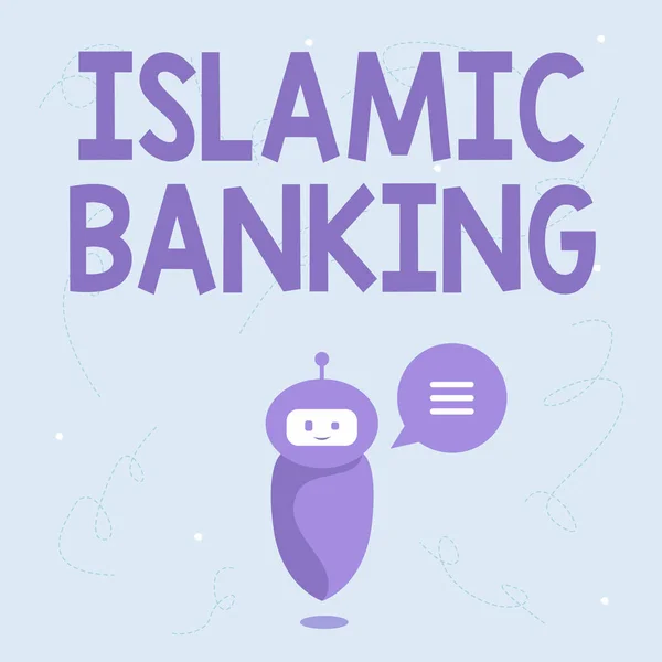 Segno di testo che mostra Bancario Islamico. Internet Concept Sistema bancario basato sui principi della legge islamica Carino galleggiante Robot ci dice nuove informazioni meravigliose in una nuvola di chat. — Foto Stock