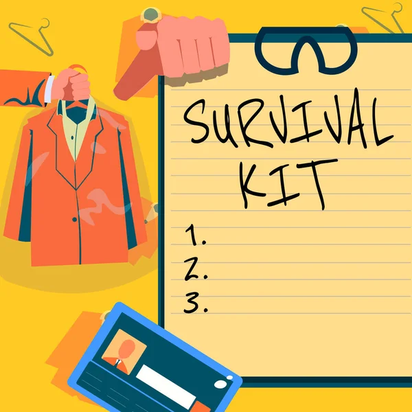 Escribir mostrando texto Survival Kit. Word Written on Equipo de Emergencia Colección de artículos para ayudar a alguien que sostiene uniformes Mostrando nuevas oportunidades de carrera abierta. — Foto de Stock