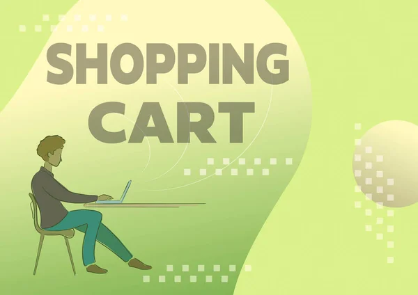 Text sign showing Shopping Cart. Word Written on Case Trolley Carrying Groceries and Merchandise Person sitting desk using computer working towards reaching goals. — Stock Photo, Image