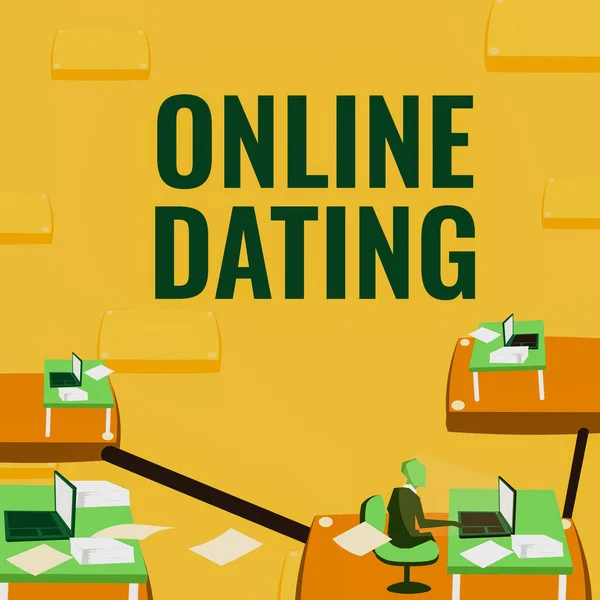 Teksten weergeven Online Dating. Business showcase Zoeken Matching Relaties eDating Video Chatten Mannelijke kantoormedewerker met behulp van technologie beschikbaar kantoorbenodigdheden. — Stockfoto