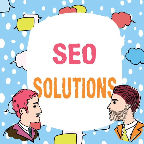 Text sign showing Seo Solutions. Word for Search Engine Result Page Increase Visitors by Rankings Team Members Looking At Whiteboard Brainstorming New Solutions. — Stock Photo, Image