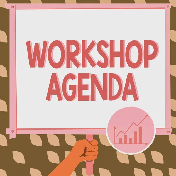 Conceptual caption Workshop Agenda. Business overview helps you to ensure that your place stays on schedule Hand Holding Panel Board Displaying Latest Financial Growth Strategies.