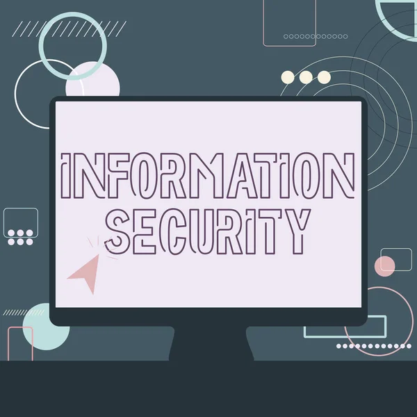 Podpis tekstowy przedstawiający Bezpieczeństwo Informacji. Koncepcja oznaczająca INFOSEC Zapobieganie nieautoryzowanemu dostępowi będącemu chronioną ilustracją kursora w pustym monitorze Pomysły wyszukiwania. — Zdjęcie stockowe