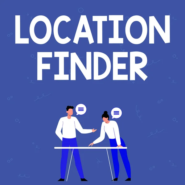 Assinar exibindo Localizador de localização. Escrito em um serviço apresentado para encontrar o endereço de um lugar selecionado Parceiros Compartilhando novas ideias para estratégias de trabalho de melhoria de habilidade. — Fotografia de Stock