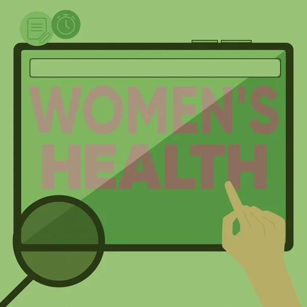Schild mit der Aufschrift Women S Health. Unternehmen Überblick Frauen s ist körperliche Gesundheit Folge der Vermeidung von Krankheiten Hand mit großen Tablet-Suchplänen für neue erstaunliche Ideen — Stockfoto