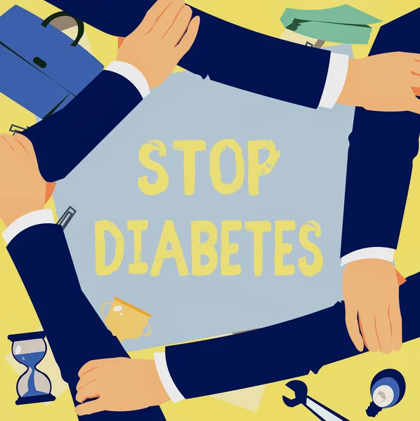 Signes manuscrits Stop Diabetes. Photo conceptuelle Le taux de sucre dans le sang est supérieur à la normale Insuline quatre mains dessin tenant le bras ensemble montrant le symbole de connexion. — Photo