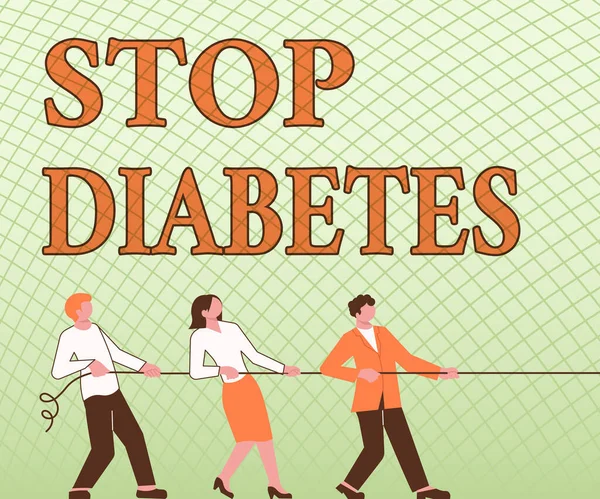 Legenda conceitual Stop Diabetes. Conceito que significa que o nível de açúcar no sangue é maior do que o normal Injete Insulina Três Colegas Puxando Corda Juntos Apresentando Planos de Sucesso de Trabalho em Equipe. — Fotografia de Stock