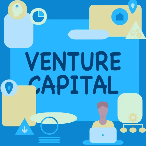 Conceptuele weergave Venture Capital. Financiering van bedrijfsaanpak door bedrijven aan kleine beginnende bedrijven Man zit op bureau Werken en presenteren van nieuwe technologieën. — Stockfoto