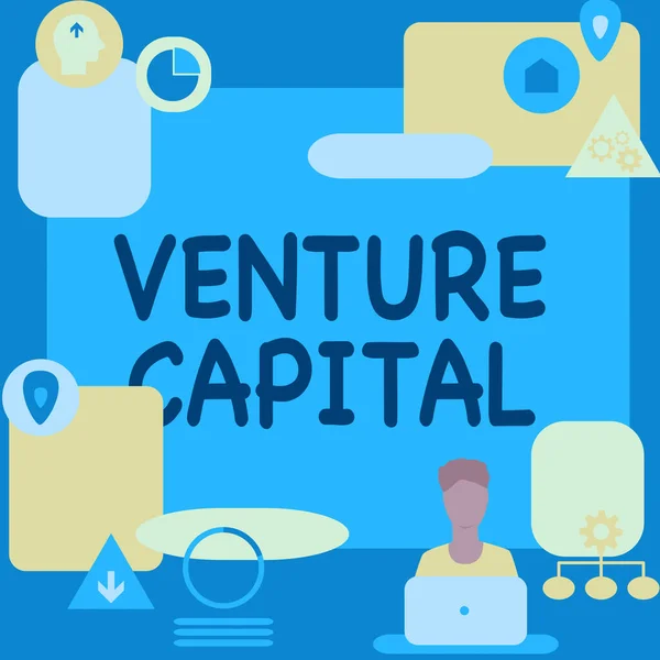 Εννοιολογική απεικόνιση Venture Capital. Χρηματοδότηση επιχειρηματικής προσέγγισης από επιχειρήσεις σε μικρές επιχειρήσεις πρώιμης φάσης Man Sitting On Desk Working and Presenting New Technologies. — Φωτογραφία Αρχείου