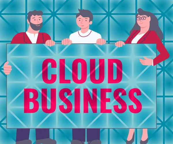 Wyświetlacz koncepcyjny Cloud Business. Business showcase computing, który opiera się na współdzielonych zasobów obliczeniowych Trzech kolegów Holding prezentacja Board Wyświetlanie nowych pomysłów. — Zdjęcie stockowe