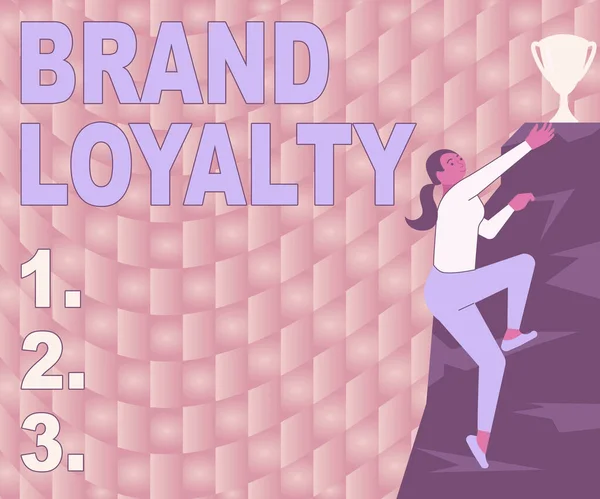 Inspiratie met teken Brand Loyalty. Woord voor Herhaling Aankoop Ambassadeur Beschermheer Favoriete Vertrouwde Vrouw Beklimmende Berg Bereikende Trofee Vertegenwoordigend Succes. — Stockfoto