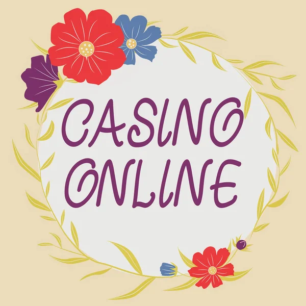 Segno di scrittura a mano Casino Online. Internet Concept Computer Poker Gioco d'azzardo Royal Bet Lotto High Stakes Frame decorato con fiori colorati e fogliame disposti armoniosamente. — Foto Stock