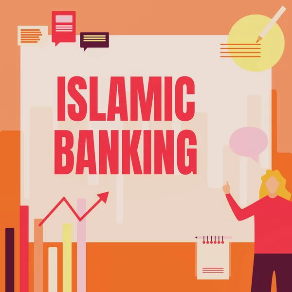 Segno di testo che mostra Bancario Islamico. Business vetrina sistema bancario basato sui principi della legge islamica Businesswoman Casual Standing Presenting Charts e nuove idee meravigliose. — Foto Stock