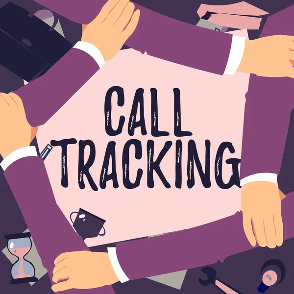Text showing inspiration Call Tracking. Business idea Organic search engine Digital advertising Conversion indicator Four Hands Drawing Holding Arm Together Showing Connection Symbol. — Stock Photo, Image