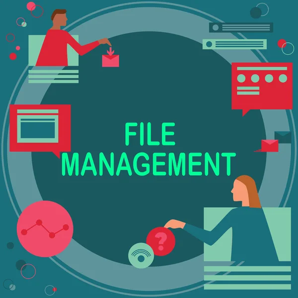 概念表示ファイル管理。オンライン会議を持つデータ同僚を管理するためのユーザーインターフェイスを提供するコンピュータプログラムのための言葉将来のプロジェクト計画を議論. — ストック写真