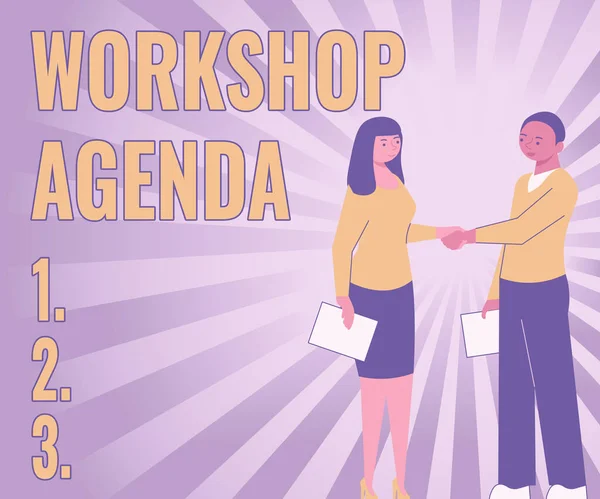 Handstilstext Workshop Agenda. Word Skrivet på hjälper dig att se till att din plats stannar på schemat Partners Skaka underteckna kontrakt Lås upp nya idéer och möjligheter — Stockfoto