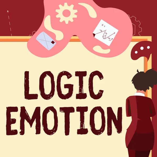 手書きテキスト｜Logic Emotion。ビジネス概要自分を尊重するためになって不快な感情合理的な心ビジネス女性は、ボード上のビジネス提案や更新を提示します. — ストック写真