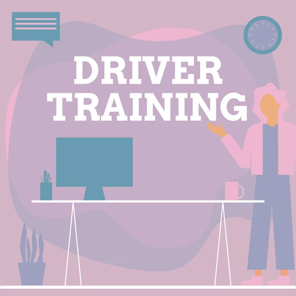 Handwriting text Driver Training. Word for prepares a new driver to obtain a driver s is license Woman Standing Office Using Laptop With Speech Bubble Beside Plant Vase.