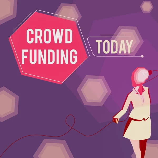 Signo de texto que muestra Crowd Funding. Enfoque empresarial Recaudación de fondos Kickstarter Startup Pledge Plataforma Donaciones Dama con traje con la cabeza llena de ideas representadas por una bombilla. — Foto de Stock