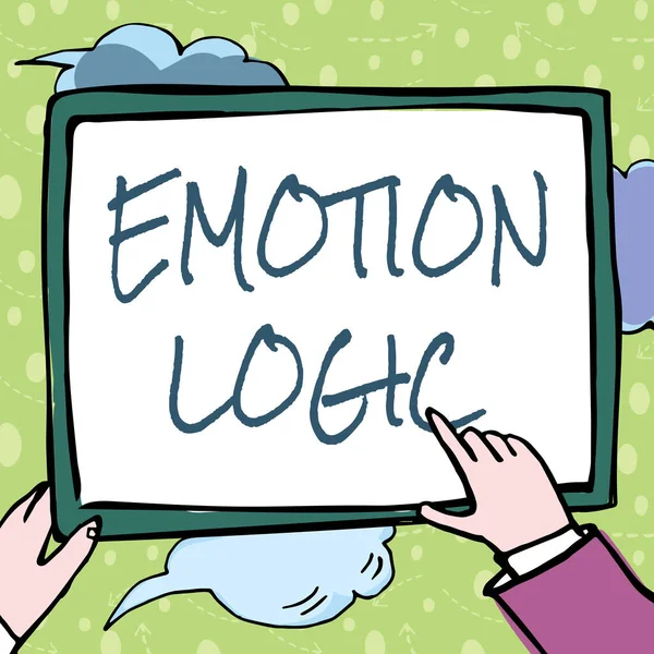 Emotion Logic 을 보여 주는 텍스트. 심장 또는 뇌 영혼 또는 정보 융합에 대한 단어 평등 균형손들기 별 주위에 있는 새로운 사상을 보여 주는 종이를 들고. — 스톡 사진