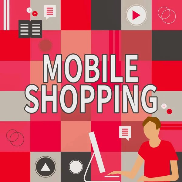 Écriture affichant le texte Mobile Shopping. Vitrine commerciale Achat et vente de biens et services par l'intermédiaire d'un homme d'affaires mobile Pensée innovante Idées directrices vers un avenir stable. — Photo