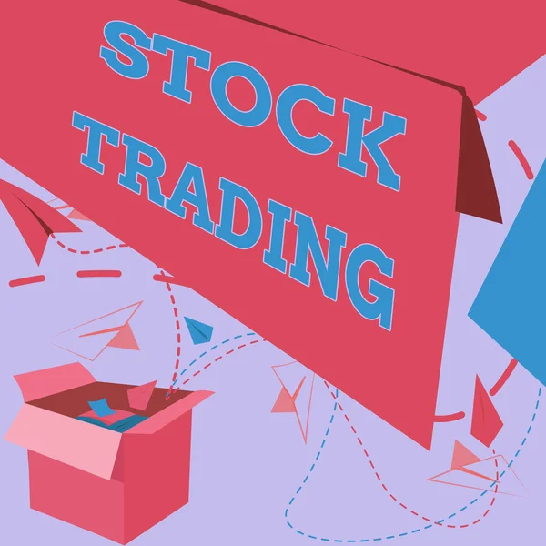 Segno di testo che mostra Stock Trading. Business showcase Comprare e vendere valori mobiliari elettronicamente sul piano di scambio Open Box con aerei di carta volante che presentano nuove idee gratuite — Foto Stock