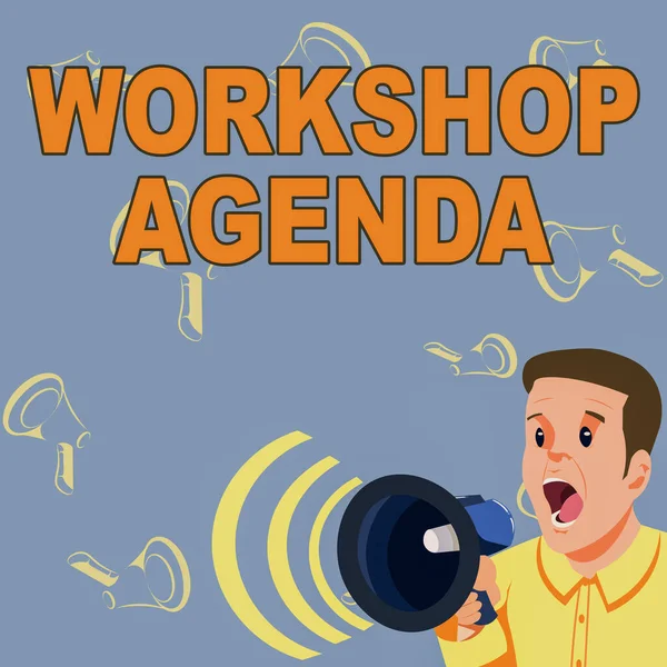 Legenda conceitual Agenda do Workshop. Conceito significado ajuda você a garantir que seu lugar permanece no horário Empresário Falando Através Megafone Fazendo Maravilhoso Novo Anúncio — Fotografia de Stock