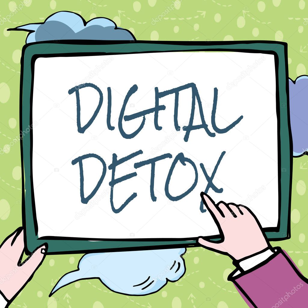 Text sign showing Digital Detox. Business showcase Free of Electronic Devices Disconnect to Reconnect Unplugged Hands Holding Paper Showing New Ideas Surrounded With Stars.