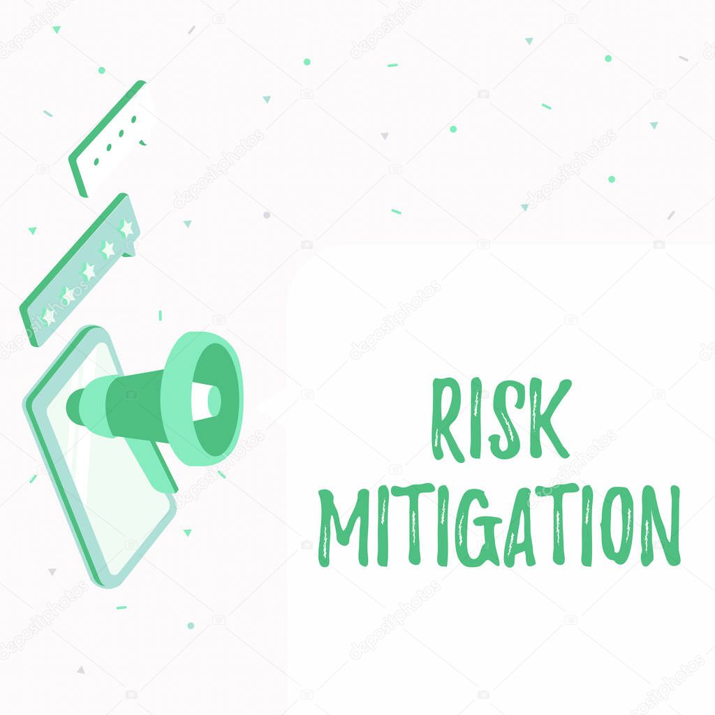 Inspiration showing sign Risk Mitigation. Conceptual photo strategy to prepare for and lessen the effects of threats Tablet Drawing With Megaphone Making New Announcement To A Chat Box.
