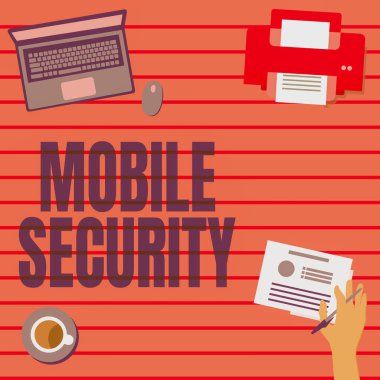 Mobil Güvenlik kavramsal görüntüsü. Cep telefonunun tehditlerden ve savunmasızlıklardan korunması için kelime. Yeni İnanılmaz Fikirler İçin El Tutma Kalemi Oluşturma Planları
