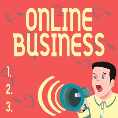 Online Business 'ı gösteren mesaj işareti. Kavram, ticari işlemler demek. İnternet İşadamı Megafonla Konuşuyor. Harika Yeni Duyurular Yapıyor.