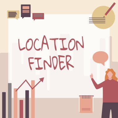 Metin Konum Bulucu yazılıyor. Konsept, seçilmiş bir iş kadınının adresini bulmak için sunulan bir hizmet anlamına gelir. Sıradan Ayakta Duran Çizelgeler ve Yeni Harika Fikirler.