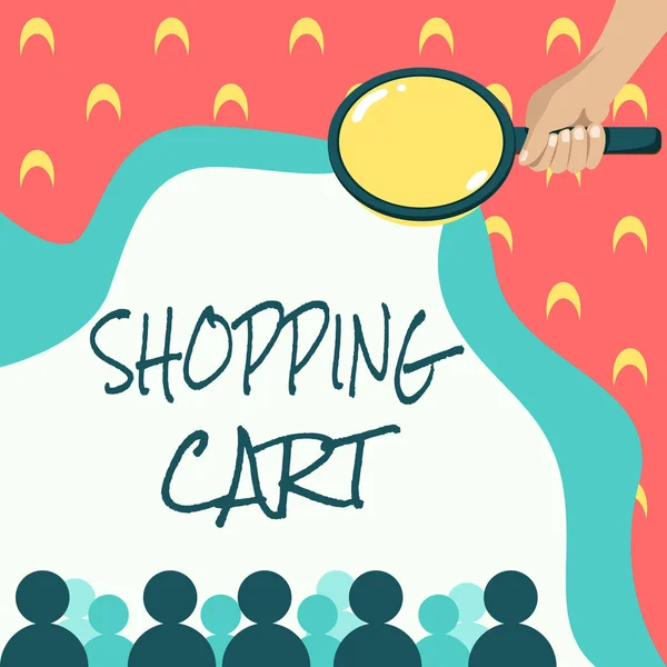 Text showing inspiration Shopping Cart. Business overview Case Trolley Carrying Groceries and Merchandise Hand Holding Magnifying Glass Examining Socio Economic Structure. — Stock Photo, Image
