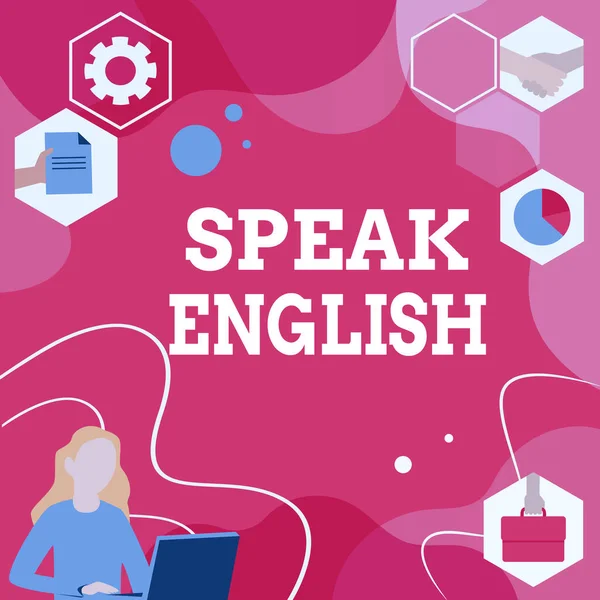 Skriv på och visa Tala Engelska. Affärsöversikt Studera ett annat främmande språk Onlinekurser Kvinnan innovativt tänkande Ledande idéer mot en stabil framtid. — Stockfoto