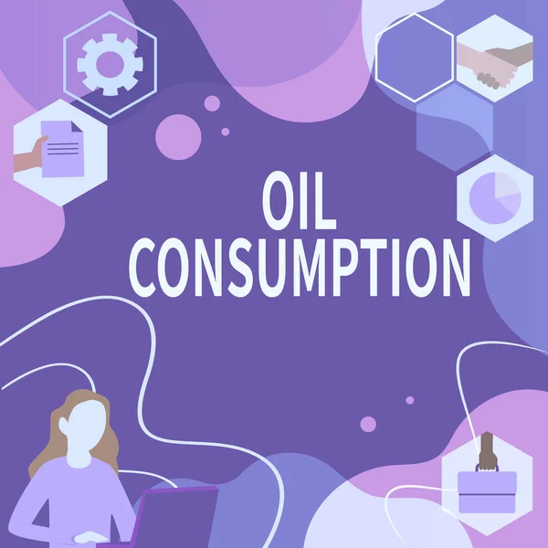 Conceptual display Oil Consumption. Word for This entry is the total oil consumed in barrels per day Woman Innovative Thinking Leading Ideas Towards Stable Future. — Stock Photo, Image