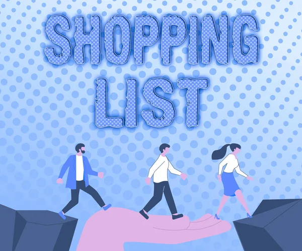 Text caption presenting Shopping List. Business showcase Discipline approach to shopping Basic Items to Buy Colleagues Crossing Obstacles Hand Bridge Presenting Teamwork Collaboration. — Stock Photo, Image