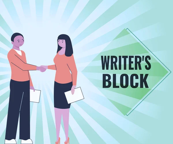 Writing displaying text Writer S Block. Business overview Condition of being unable to think of what to write Partners Shaking Signing Contract Unlocking New Ideas And Opportunities