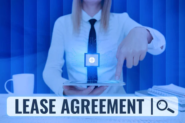 Handwriting text Lease Agreement. Concept meaning Contract on the terms to one party agrees rent property Lady Pressing Screen Of Mobile Phone Showing The Futuristic Technology — Stock Photo, Image