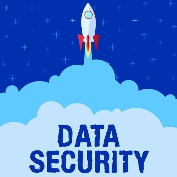 Segno di testo che mostra la sicurezza dei dati. Business vetrina Riservatezza Disk Encryption Backup Password Shielding Rocket Ship Avvio veloce fino allo spazio esterno. — Foto Stock