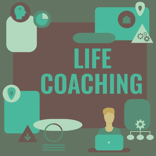 Señal que muestra Life Coaching. Concepto que significa mejorar vidas por desafíos nos anima en nuestras carreras Hombre sentado en el escritorio Trabajando y presentando nuevas tecnologías. — Foto de Stock