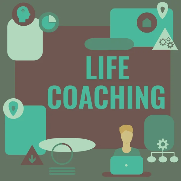Sign displaying Life Coaching. Concept meaning Improve Lives by Challenges Encourages us in our Careers Man Sitting On Desk Working And Presenting New Technologies.
