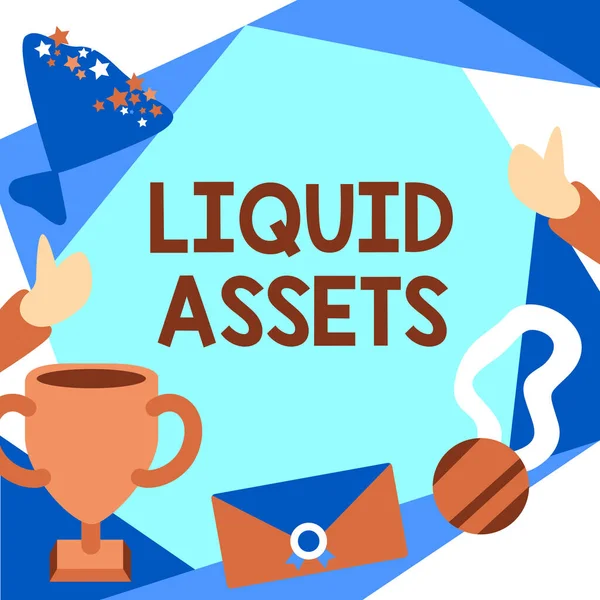Sign displaying Liquid Assets. Business showcase Cash and Bank Balances Market Liquidity Deferred Stock People Congratulating Success Presenting Earned Trophy Medals. — Stock Photo, Image