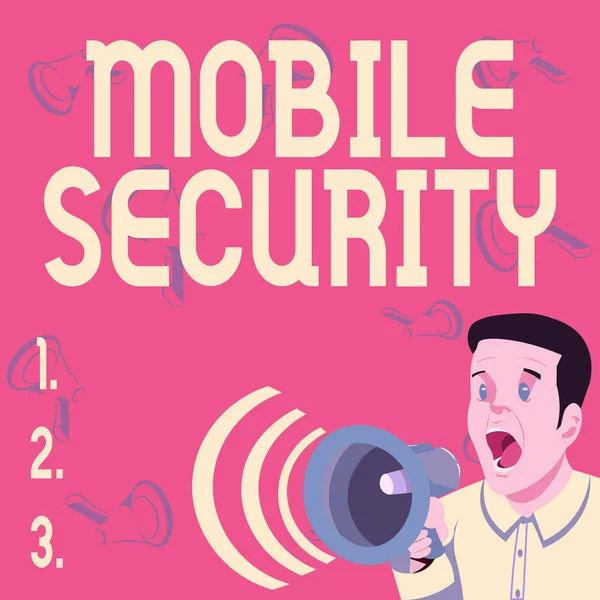 Inspiration showing sign Mobile Security. Conceptual photo Protection of mobile phone from threats and vulnerabilities Businessman Talking Through Megaphone Making Wonderful New Announcement — Stock Photo, Image