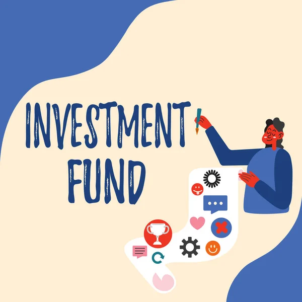 Εγγραφή εμφάνισης κειμένου Ταμείο Επενδύσεων. Έννοια που σημαίνει μια προσφορά κεφαλαίου που ανήκει σε πολλούς επενδυτές Lady Παρουσιάζοντας έγγραφο που δείχνει Επιτεύγματα Στόχοι του έργου Ιδέες. — Φωτογραφία Αρχείου
