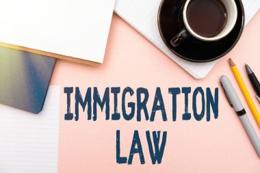 Göçmenlik Yasası 'nı gösteren bir yazı. Bir vatandaşın İnternet Göç Konsepti, Çalışma İçin Klavye, Gözlük ve Kahve fincanı ile Seyahat Ofisi Malzemeleri