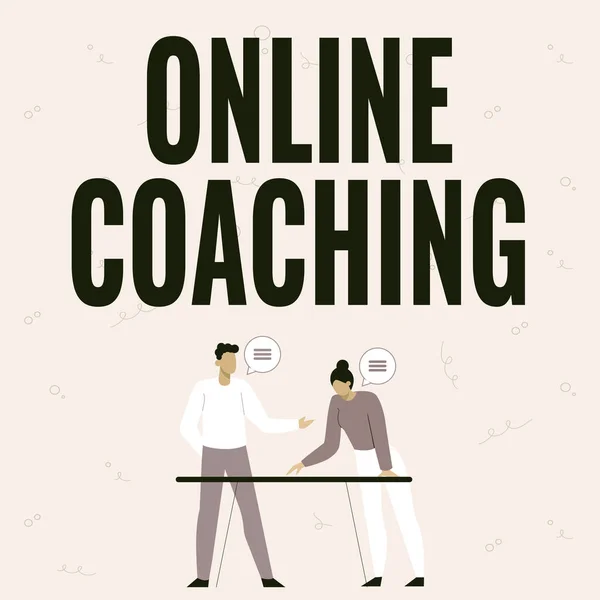 オンラインコーチのサインを示すインスピレーション。ビジネスショーケースコーチの助けを借りて、オンラインとインターネットから学ぶパートナースキル向上のための新しいアイデアを共有作業戦略. — ストック写真