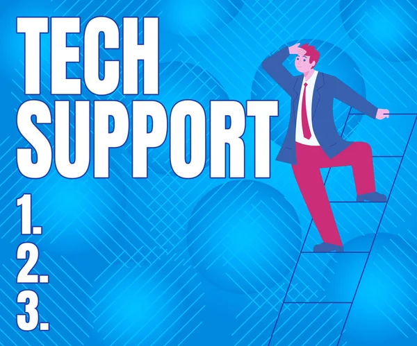 Text caption presenting Tech Support. Concept meaning Assisting individuals who are having technical problems Gentleman In Suit Standing Ladder Searching Latest Plan Ideas. — Stock Photo, Image