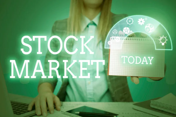 Tekst met inspiratie Stock Market. Concept betekent Bijzondere markt waar aandelen en obligaties worden verhandeld of geruild Lady in suit holding notitieblok dat innovatief denken vertegenwoordigt. — Stockfoto